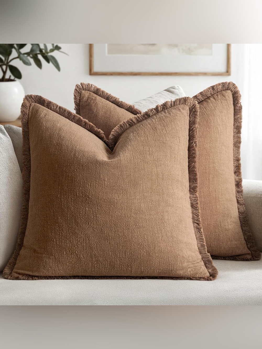 Set of 2 Tan Square Linen Fringed Pillow Covers